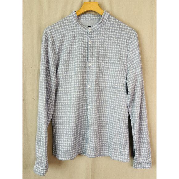 Boohoo Man Knit Button Down Top Men Large Blue White Houndstooth Academia Preppy - Picture 1 of 8